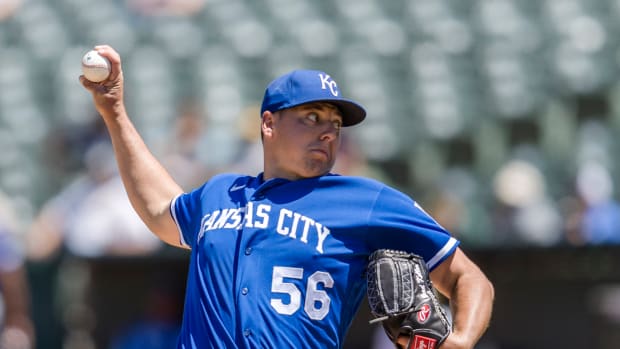 Jun 18, 2022; Oakland, California, USA; Kansas City Royals starting pitcher Brad Keller (56) throws against the Oakland Athletics during the sixth inning at RingCentral Coliseum. Mandatory Credit: John Hefti-USA TODAY Sports